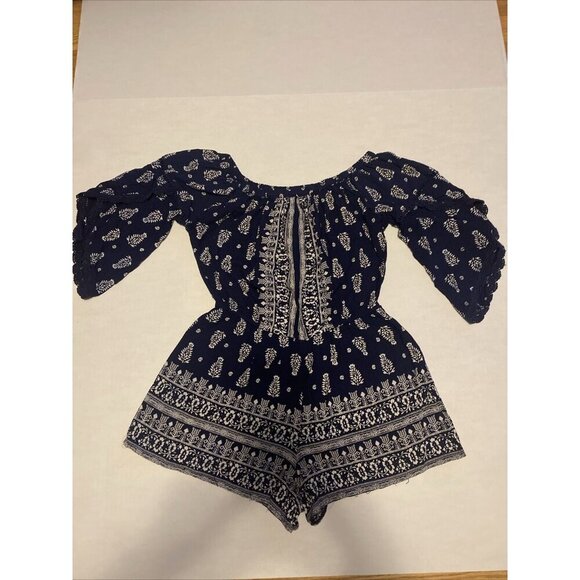 Angie Womens Romper Blue Floral Bell Scalloped Sleeves Size M Shorts Jumpsuit - Picture 1 of 12